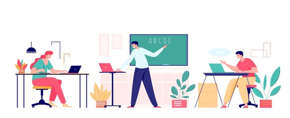 Cartoon teacher and students on online class with laptops, flat vector illustration