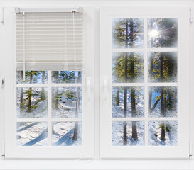 through a frozen window onto a winter landscape