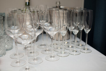 glasses on the banquet table in the hall