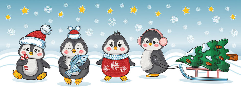 Funny Christmas penguins cartoon characters set. Group cute baby arctic animals in New Year clothes with Christmas tree. Hand drawn winter holiday children illustration. Vector greeting card.