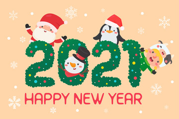 merry christmas and happy new year 2021. Cartoon characters santa and kids happy christmas.