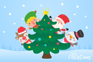 Santa Elf, Reindeer and Snowman Decorate the Christmas tree with colorful balls for Christmas day.