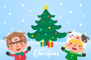 Children wear winter clothes outside to decorate the Christmas tree with red balls in winter.