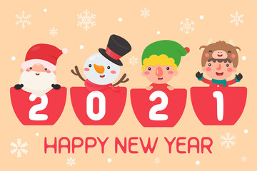 merry christmas and happy new year 2021. Cartoon characters santa and kids happy christmas.