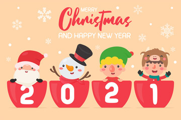 Fototapeta na wymiar merry christmas and happy new year 2021. Cartoon characters santa and kids happy christmas.