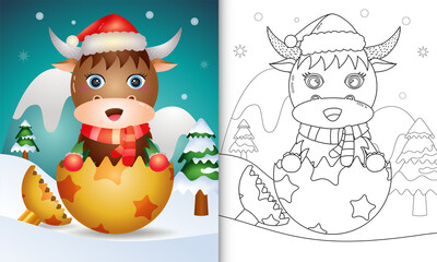 coloring book for kids with a cute buffalo using santa hat and scarf in christmas ball