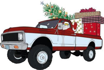 cartoon car pick up with christmas tree,cartoon santa claus in the car, christmas background, funny christmas background