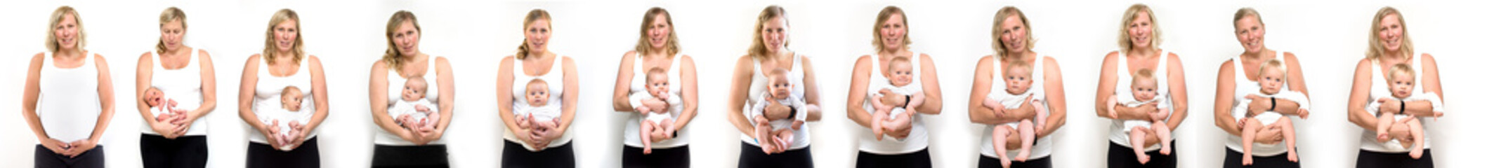 Baby development from birth to one year. Collage of stages of baby first year in mothers hands. 
