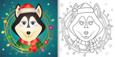 coloring book with a cute husky dog with twigs decoration christmas