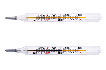 Two mercury thermometers with different temperatures. Isolate.