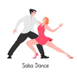 Fototapeta na wymiar Cartoon couple dancing salsa together isolated on white, vector flat illustration