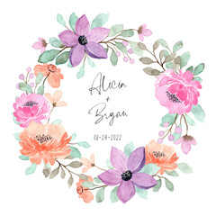 Peach, purple and pink floral wreath with watercolor