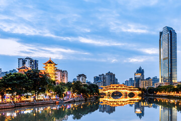 Night view of Anshun Bridge, Chengdu, Sichuan, China