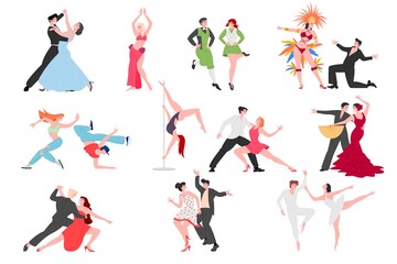Fototapeta na wymiar Dancing people couples, contemporary and classical choreography, vector dancers performers cartoon characters set