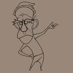 sketch of a cartoon gloomy man in a hat pointing to the side