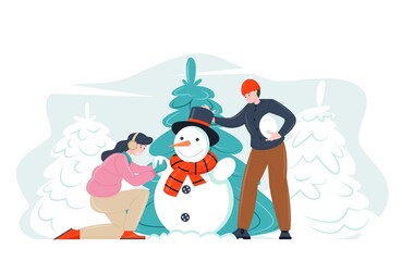 Xmas people making snowman together, vector illustration of cartoon characters in winter, Happy New Year festive card