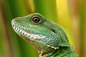 Fototapeta premium Chinese water dragon (Physignathus cocincinus), portrait with green background.
