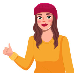 Young woman in burgundy beret vector illustration. Cheerful female character raised a hand holds a finger up, sign of consent, ok. Pretty cartoon female character isolated on white background