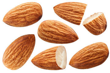 Almonds isolated on white background. Collection