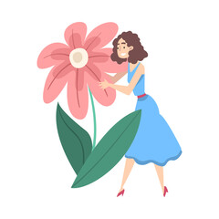 Tiny Young Woman Character Holding Huge Flower Cartoon Style Vector Illustration