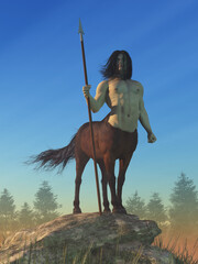 A being of myth, half horse, half man stands atop a large rock with a spear in hand.  This is the legendary centaur. - obrazy, fototapety, plakaty