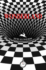 White rabbit runs and falls into a hole. Surreal chess background