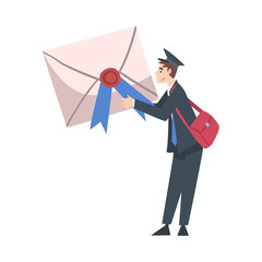 Tiny Postman Holding Huge Envelope, Postal Service, Correspondence Cartoon Style Vector Illustration