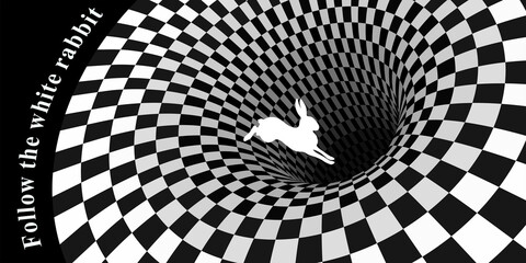 White rabbit runs and falls into a hole. Surreal chess background and lettering  follow the white rabbit. - 391546596