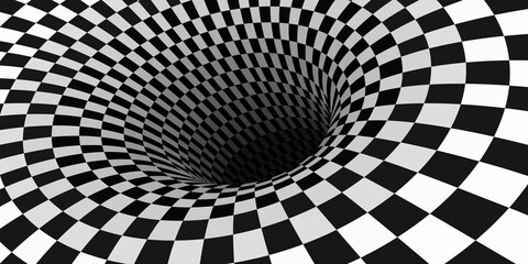 Surreal chess background and hole. optical illusion, vector illustration