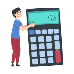 Tiny Teenage Boy Holding Huge Calculator Cartoon Style Vector Illustration