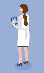 Doctor woman holding tablet pc vector illustration. woman holds electronic device with touch screen back view. Female character medic holding e-book, device for internet surfing, work with documents
