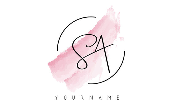 Handwritten SA S A Letters Logo with Pink Pastel Watercolor Brush Stroke Concept.