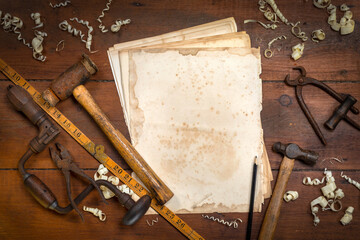 Vintage tools on a workbench - Space for text