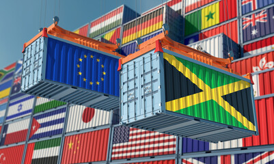 Freight containers with European Union and Jamaica flags. 3D Rendering