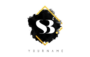 SB S B Letters Logo Design with Black ink Stroke over Golden Square Frame Vector.