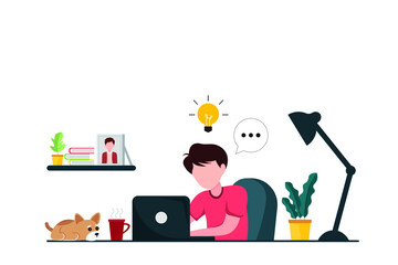 Flat illustration of character working on computer at home for prevention from corona virus.
