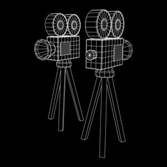 Polygonal camera projector. Movie time. Show film cinema festival concept. Wireframe low poly mesh vector illustration.