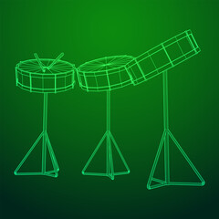 Musical instruments set. Rock band kit. Percussion musical instrument drum and stick. Wireframe low poly mesh vector illustration.
