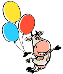 Vector cartoon animal. Cheerful funny cow with balloons flies. The concept of business, advertising, trade, profit, bonuses, discounts and promotions.