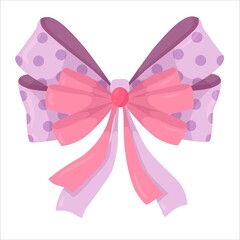 beautiful violet bow drawn in cartoon style. fashion elements and Holiday dressing items, beauty, gift and birthday decorative ribbons. Vector illustration isolated on white background.
