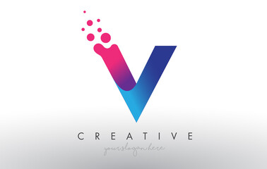 V Letter Design with Creative Dots Bubble Circles and Blue Pink Colors - obrazy, fototapety, plakaty