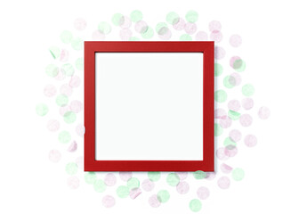 Template in a minimalistic style. Blank red photo frame decorated with round paper confetti. Top view. Flat lay. Copy space.