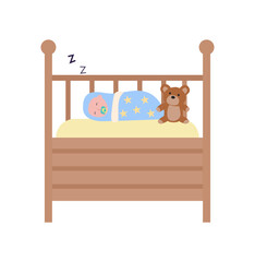 Newborn sleeping in baby bad, portrait view of little son in blue diaper, infant with nipple lying in wooden cot with teddy, flat design style vector