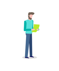 Male with green sheet of paper in hands vector isolated cartoon person. Man reading document, information in annual report, message or post card