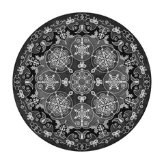 Colored pencil effects. Mandala illustration black, white and grey. Christmas ball, butterfly, heart and Christmas tree.
