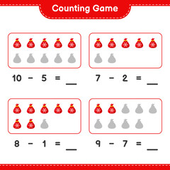 Counting game, count the number of Santa Claus Bag and write the result. Educational children game, printable worksheet, vector illustration