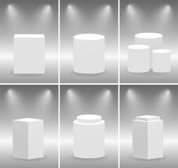 Vector realistic round and square 3d exhibition podiums. Museum stage and illuminated pedestal. Gallery blank product stands.