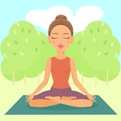 Obraz na płótnie Canvas Vector illustration of girl character sitting in meditation yoga pose with trees and nature backgraund. Yoga girl icon.