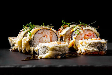 set of 8 hot rolls on black stone board