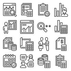 Financial Audit and Business Analytics Icons Set. Vector